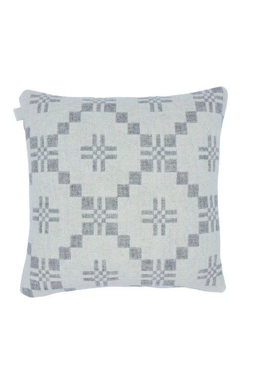 St David's Cross Cushion in White and Silver Grey. Fabric woven and made in South Wales by Melin Tregwynt. Front side.