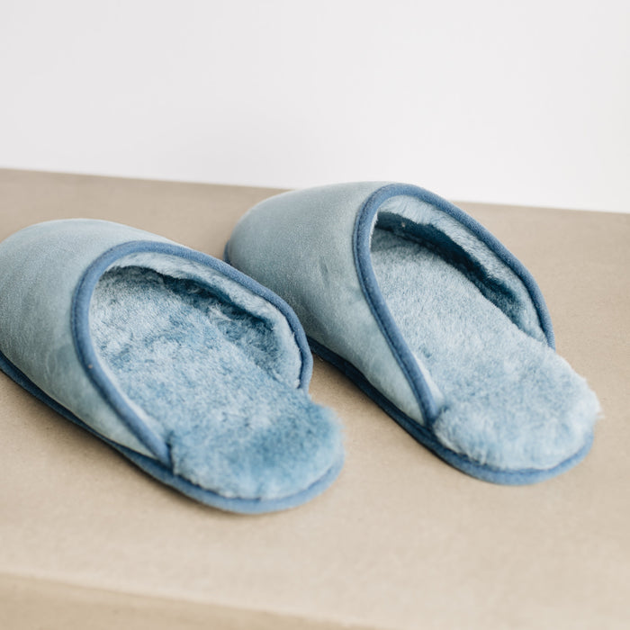 Robyn Unisex Sheepskin Slip On Soft Soled Slippers, in Sky Blue. From Westmorland Sheepskins.