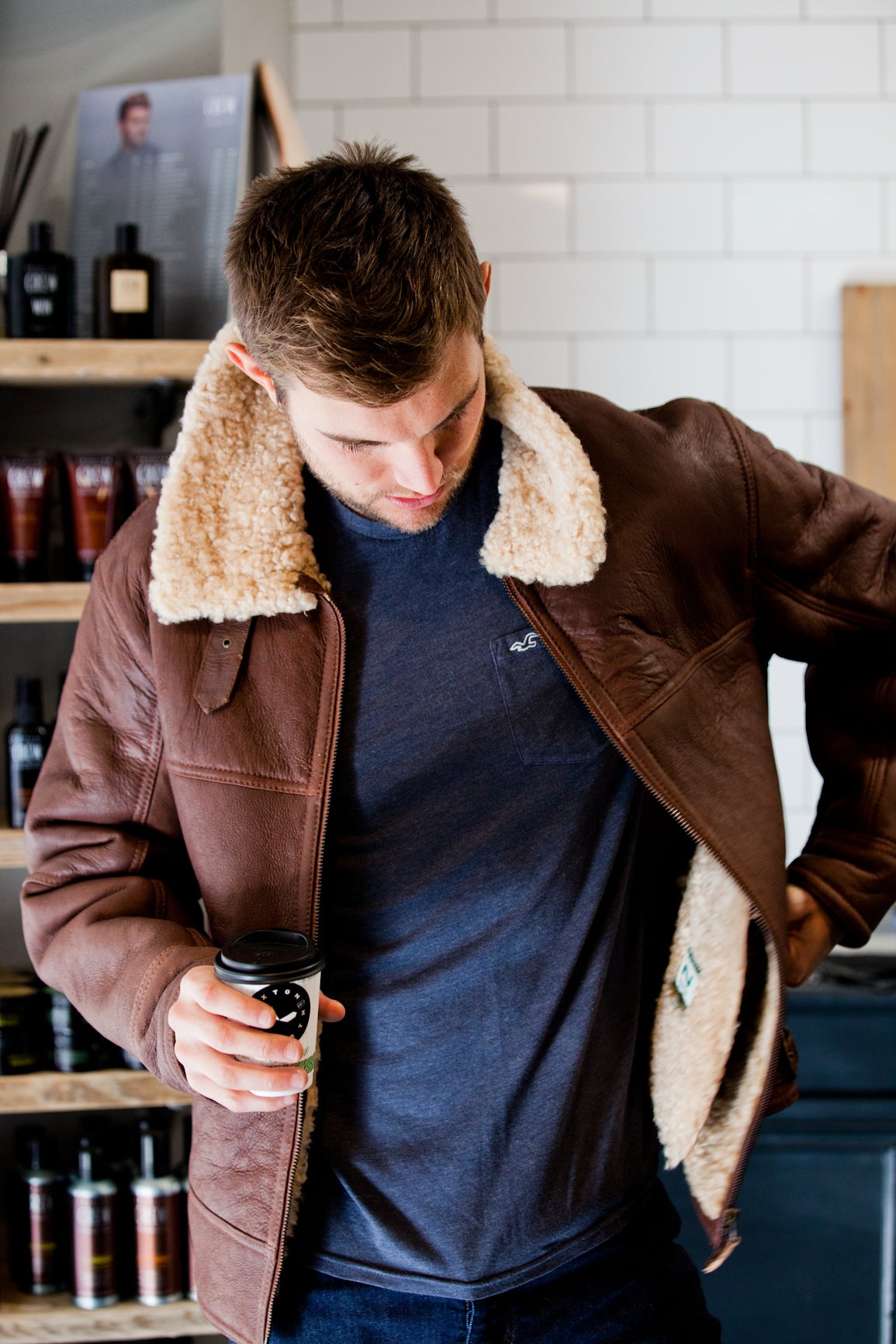 classic sheepskin jacket style with brown nappa finish 