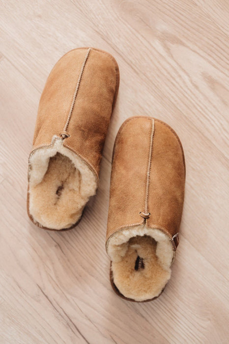 Mens Backless Slipper from Shepherd of Sweden in a cognac colour or what we would see as TAN