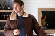 Men's Brown Sheepskin Aviator Jacket. Turn up Sheepskin collar.