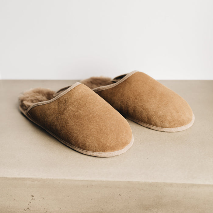 Robyn scruff Sheepskin Slip On Soft Soled Slippers, in taupe. From Westmorland Sheepskins.