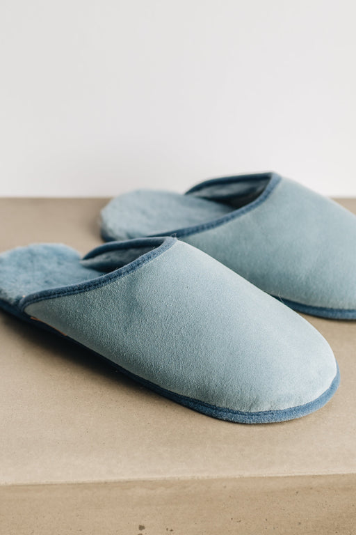 Robyn Unisex Sheepskin Slip On Soft Soled Slippers, in Sky Blue. From Westmorland Sheepskins.