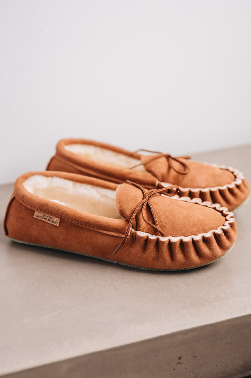 ava sheepskin slipper in tan moccasin style