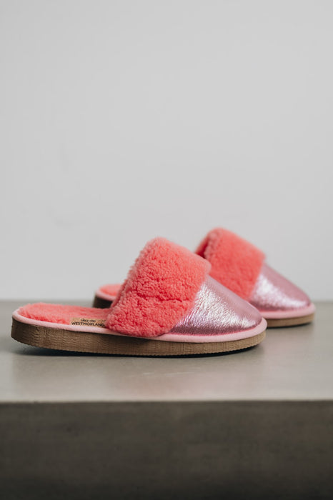 metallic pink curly sheepskin slip on slipper