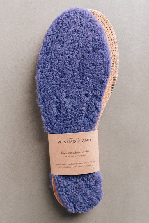 Lilac AW22 colour Sheepskin Children's Cuttable Insoles. Cut to size. Wrapped in a cardboard informational sleave.