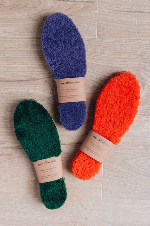 Lilac, Orange and Green AW22 colour Sheepskin Children's Cuttable Insoles. Cut to size. Wrapped in a cardboard informational sleave. All three insoles.