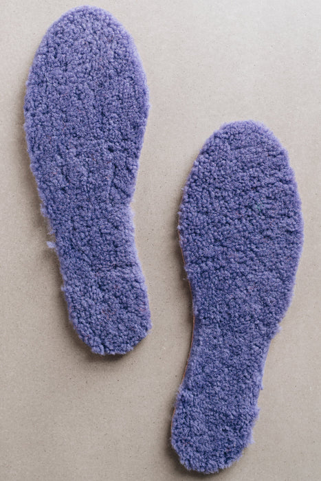 Lilac AW22 colour Sheepskin Children's Cuttable Insoles. Cut to size. Insoles layed out to show Sheepskin material.