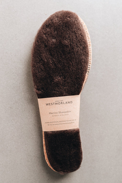 Brown colour Sheepskin Children's Cuttable Insoles. Cut to size. Wrapped in a cardboard informational sleave.