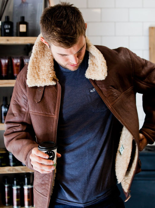 Men's Brown Sheepskin Aviator Jacket. Turn up Sheepskin collar.